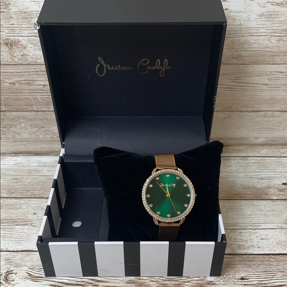 Jessica Carlyle Womens Gold Mesh Watch Emerald Green Dial Crystal Bezel‎ A1551